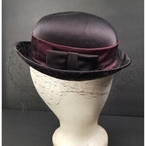 Vintage Karen Lynn Exclusive Satin Pillbox Hat Purple Black Birdcage Veil Bow